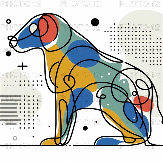 Abstract geometric design of a dog with colorful shapes and patterns, continuous line art, creature is stylized and simplified to the most basic geometric forms, exaggerated features, adorned with splashes of primary colors, clean white solid background, with subtle geometric shapes and thin, straight lines that intersect with dotted nodes and overlap the figures. The overall aesthetic is modern and contemporary, AI generated