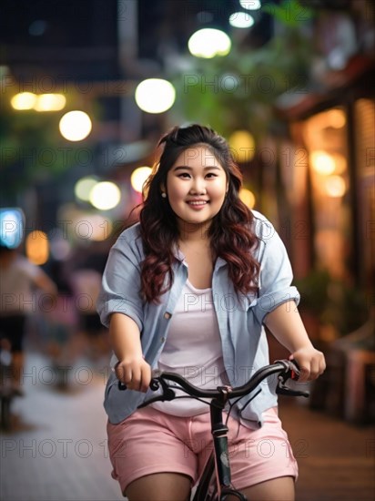 Cheerful woman on a bike enjoying a night ride in an urban setting with city lights, San Francisco, Lombard area, AI Generated, AI generated