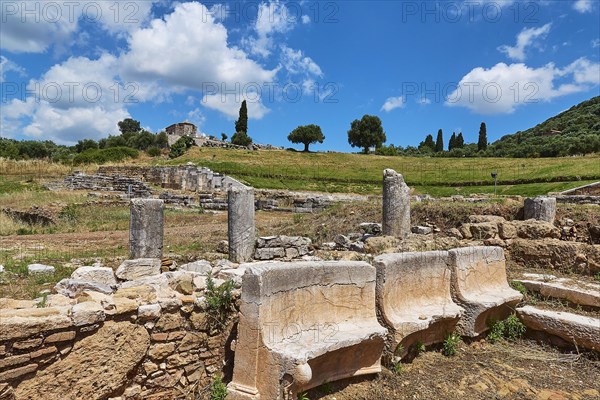 Remains of an ancient ruins site with column fragments in a green landscape, Archaeological site, Ancient Messene, capital of Messinia, Messini, Peloponnese, Greece, Europe