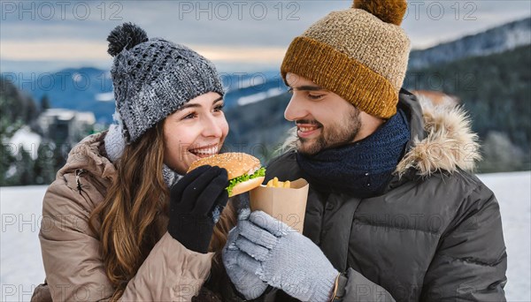 AI generated, human, humans, person, persons, man, woman, woman, 25, 30, years, two, outdoor, ice, snow, winter, seasons, eats, eat, drinks, drinking, cap, bobble hat, gloves, winter jacket, cold, cold, burger, hamburger, coffee to go, coffee, coffee mug