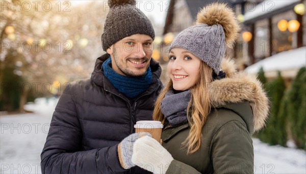 AI generated, human, humans, person, persons, man, woman, woman, 25, 30, years, couple, two persons, outdoor shot, ice, snow, winter, seasons, drinks, drinking, coffee to go, coffee, coffee mug, cap, bobble hat, gloves, winter jacket, cold, coldness