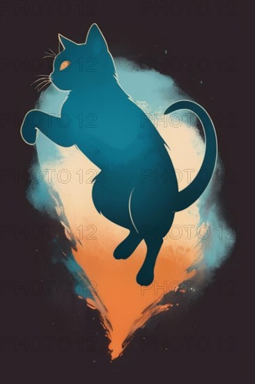 Majestic cat illuminated with a glowing outline against a cool-tone backdrop, minimalist vintage design muted faded, bright background, AI Generated, AI generated