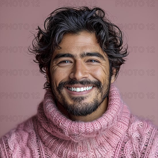 Portrait of a happy student standing in front of a colored background with a trendy sweater smiling, AI generated