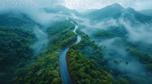 An aerial shot of a winding road through misty mountains covered in lush greenery, ai generated, AI generated