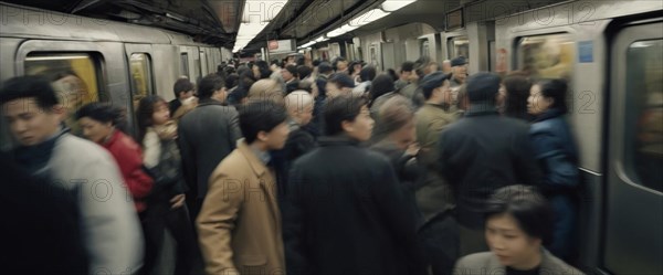 Crowded subway station during rush hour, with a dynamic blur of movement, horizontal wide aspect ratio, daylight, AI generated
