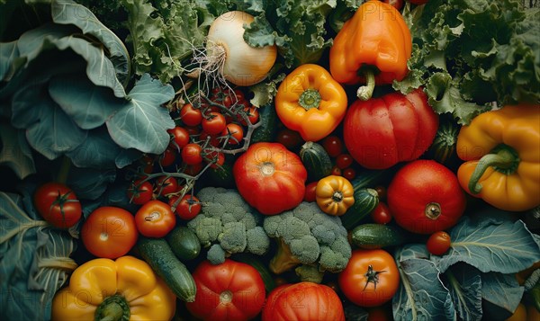 Variety of fresh vegetables background. Top view, flat lay AI generated