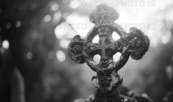 Black and white image of a Celtic cross on a grave in a cemetery, copy space. AI generated