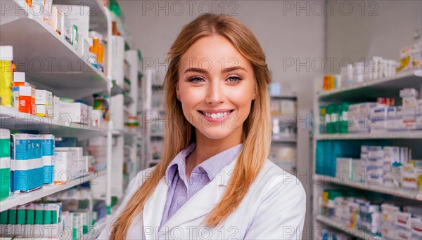 AI generated, A young pharmacist in her pharmacy, portrait, 30, 35, years, female, blonde, blond, blonde, beautiful teeth, smiles, long hair, profession, professions, medicines in the background