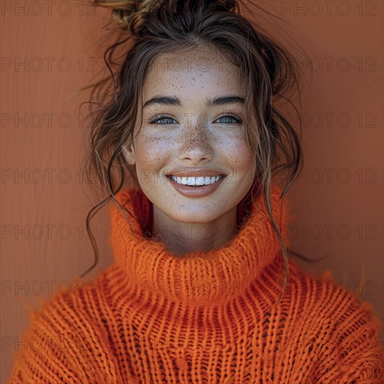 Portrait of a happy woman standing in front of a colored background with a trendy sweater smiling, AI generated