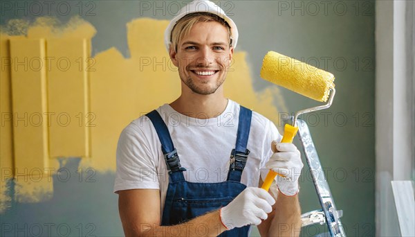 AI generated, man, men, a painter paints a wall with new yellow paint, father, renovation of old flat, paint roller, ladder, yellow, paint, 25, 30, years, a, person, occupation, occupations, leisure activity, family, smiles, smiling, fun at work, laughing, laughing, laughing, friend, partner, man