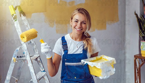 AI generated, woman, woman, a young woman paints a wall with new paint, yellow, yellow, yellowing, renovation of old flat, paint roller, ladder, paint, 20, 25, years, a, a person, daughter, student, pastime, family, girl, smiling, smiling, fun at work, laughing, laughing, laughing, dungarees, jeans