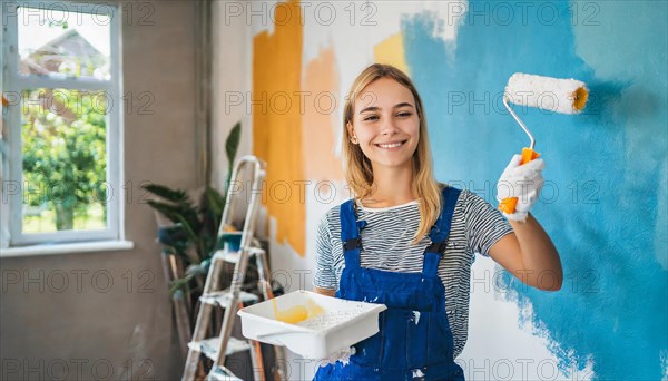 AI generated, woman, woman, a young girl paints a wall with new paint, white, white, renovation of old flat, paint roller, ladder, paint, 20, 25, years, one, one person, daughter, student, pastime, family, girl, smiling, smiling, fun at work, laughing, laughing, laughing, dungarees, jeans