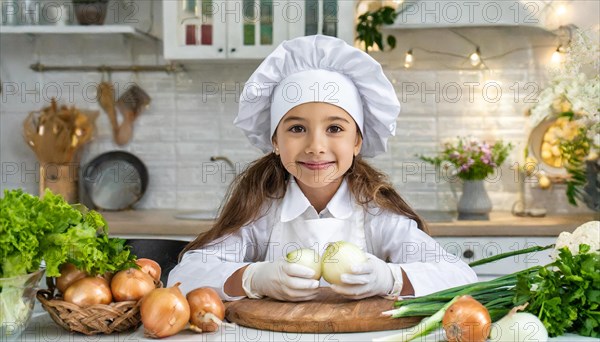 AI generated, human, humans, person, persons, child, children, 8 year old girl cutting onions in a white kitchen, chef hat, smock, cute, cute, beautiful eyes, beautiful teeth, cook, cook, kitchen table, vegetables, onions, garlic