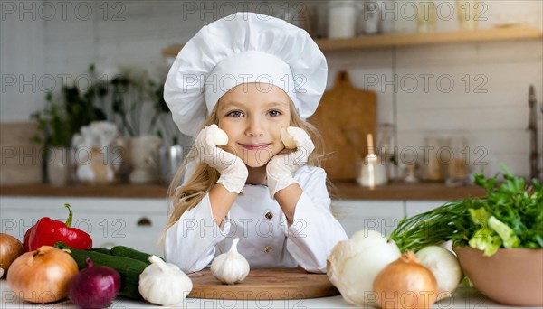 AI generated, human, humans, person, persons, child, children, 8 year old girl cutting onions in a white kitchen, chef hat, smock, cute, cute, beautiful eyes, beautiful teeth, cook, cook, kitchen table, vegetables, onions, garlic