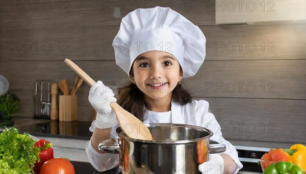 AI generated, human, humans, person, persons, child, children, 8 year old girl cooking a vegetable soup in a white kitchen, chef's hat, smock, cute, cute, cute, beautiful eyes, beautiful teeth, cook, cook, kitchen table, vegetables, onions, garlic