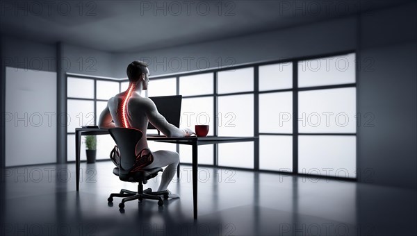 Diseases of the spine when working at a computer, sedentary work, stress on the skeleton and spine, AI generated