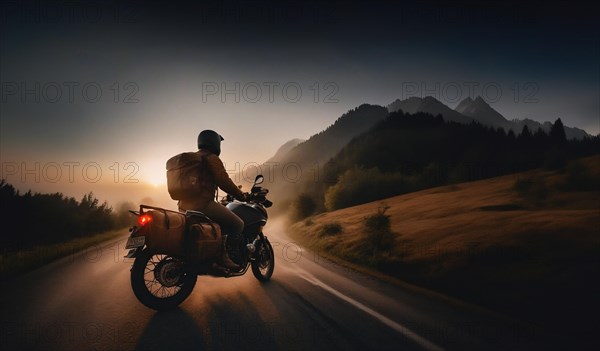 Traveling on a tourist motorcycle with panniers in the mountains at dawn, AI generated