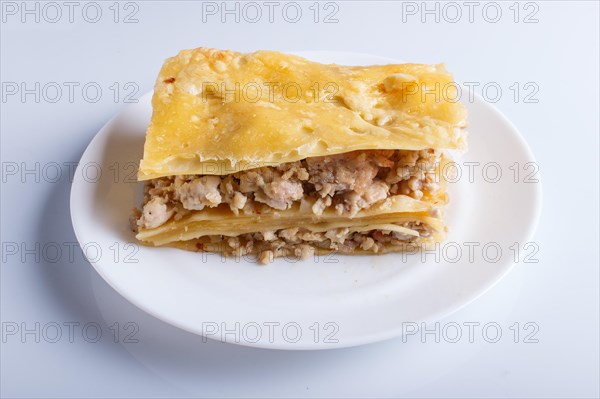 Lasagna with minced meat and cheese isolated on white background. close up