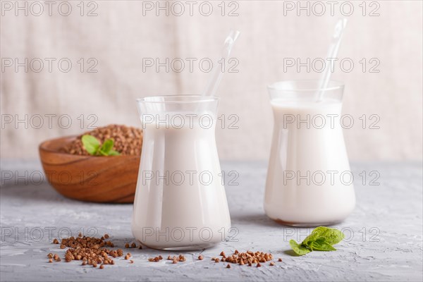 Organic non dairy buckwheat milk in glass and wooden plate with buckwheat seeds on a gray concrete background. Vegan healthy food concept, close up, side view