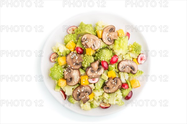 Vegetarian salad from romanesco cabbage, champignons, cranberry, avocado and pumpkin isolated on a white background. top view, close up, flat lay