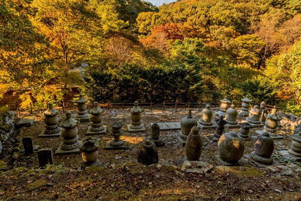 Collection of Buddhist stone carved urns on display at woodland park in South Korea