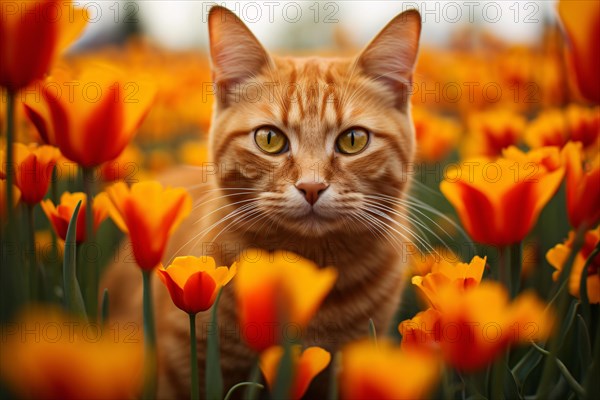 Ginger coloured cat between orange and yellow tulip spring flowers. KI generiert, generiert AI generated
