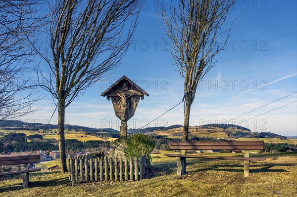 Crucifix with benches on the Buchenberg, Buchenberg, Allgaeu, Bavaria, Germany, Europe