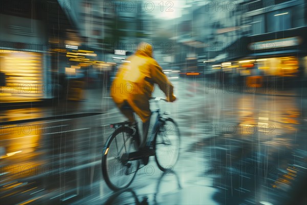 Cyclist in yellow mackintosh racing through wet urban streets in heavy rain, AI generated, AI generated