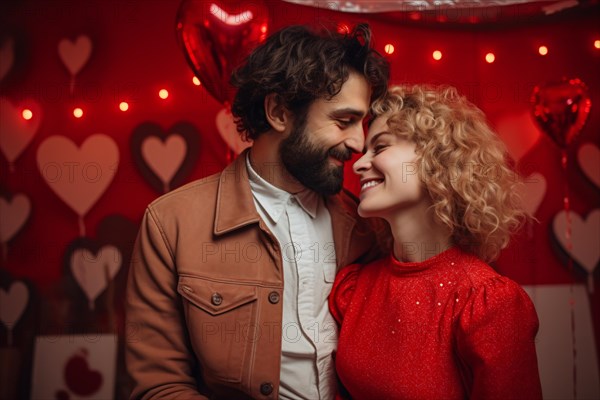 Cute couple in love at Valentine's day with heart shaped balloons. KI generiert, generiert AI generated