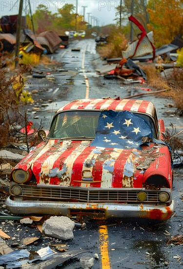 Symbolic image for the decline of some areas of the USA, an old car with the colours of the American flag, rusted and broken on a littered street, AI generated, AI generated
