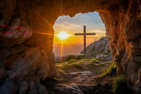 Easter concept cross on Golgotha Calvary hill against a dramatic sunset seen from open tomb of Jesus, AI generated