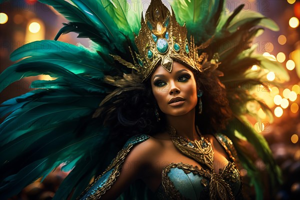 Captivating image capturing the essence of the Rio Carnival, showcasing a dancer adorned in an elaborate, vibrant costume, embodying the spirit and energy of this iconic festival, AI generated