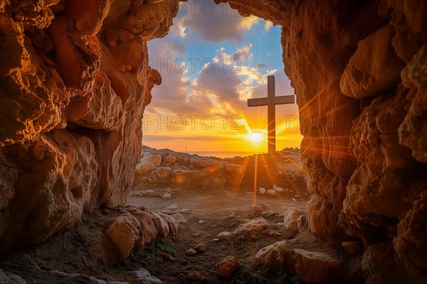 Easter concept cross on Golgotha Calvary hill against a dramatic sunset seen from open tomb of Jesus, AI generated