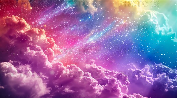 Colorful clouds with a cosmic atmosphere, scattered stars, and vibrant abstract rays, ai generated, AI generated