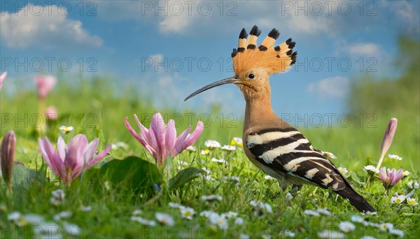 KI generated, animal, animals, bird, birds, biotope, habitat, a, individual, water, reeds, water lilies, blue sky, foraging, wildlife, hoopoe (Upupa epops), treehoppers, summer, flowers