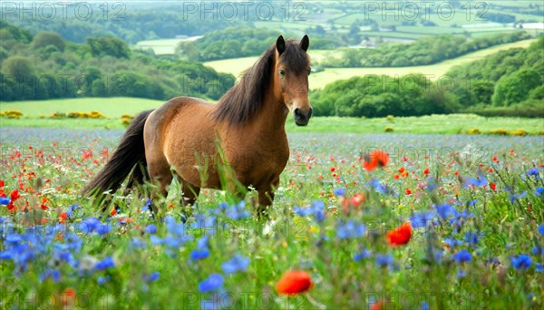 KI generated, animal, animals, mammal, mammals, biotope, habitat, one, individual animal, foraging, wildlife, meadow, pasture, Exmoor pony, horse, horses, ungulates, English pony breed, South West England, Exmoor, (Equus ferus caballus), foal, flower meadow