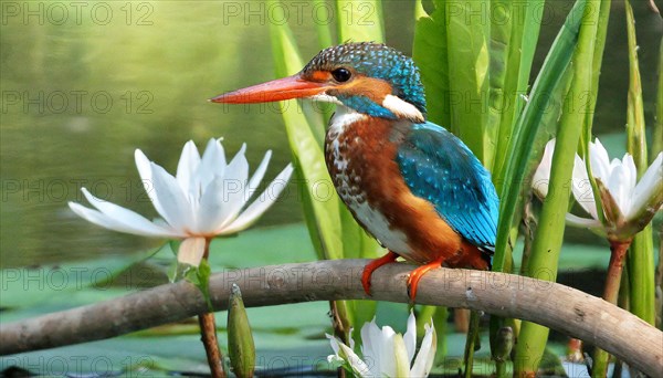 KI generated, animal, animals, bird, birds, biotope, habitat, a, individual, water, perch, reeds, water lilies, blue sky, foraging, wildlife, summer, seasons, white-throated kingfisher (Halcyon smyrnensis)