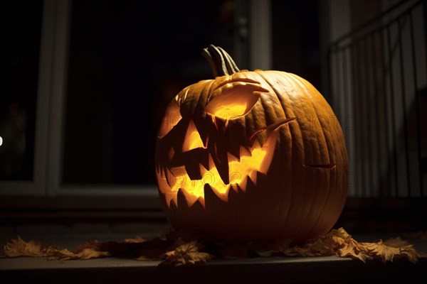 Scary carved Halloween pumpkin with spooky face and candle inside. KI generiert, generiert AI generated