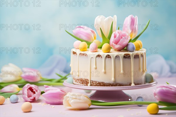 Easter cream cake with tulip spring flowers and small easter eggs. KI generiert, generiert AI generated