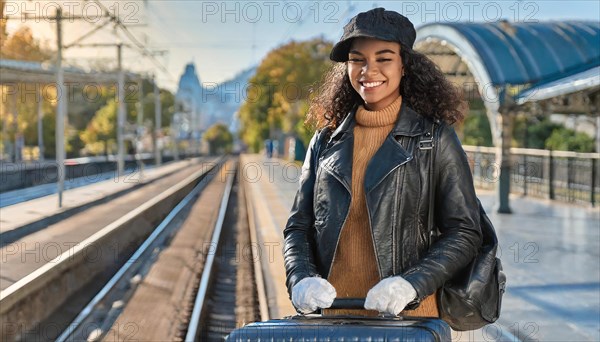 AI generated, A young blonde woman wants to travel and waits for the train at the station, 20, 25, blonde, blond, blonde, modern, modern, aluminium suitcase, handbag, fur jacket, white, sneakers, shoes, sexy, attractive, attractive, long-haired, transport, traffic