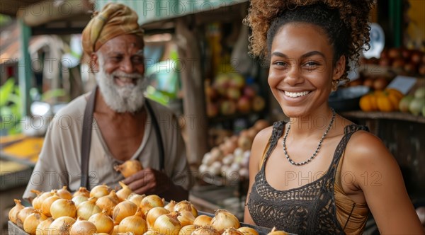 Young woman with a bright smile standing next to an elderly man at an onion stall, ai generated, AI generated