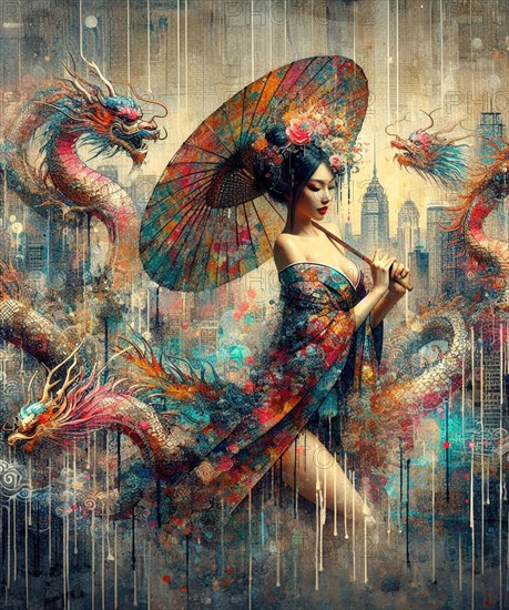 A vibrant fantasy portrayal of an Asian sexy woman dressed with vintage kimono with an umbrella and dragon against a modern urban backdrop, japanese themed shungaart style based, AI Generated, AI generated