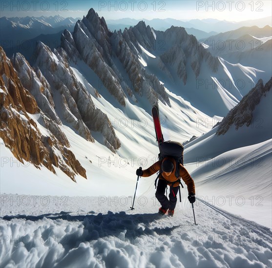 A mountaineer climbs up a steep snowy slope in the mountains, symbolic image mountaineering, climbing, mountain landscape, extreme sport, mountain hike, AI generated, AI generated
