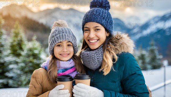 AI generated, human, humans, person, persons, woman, woman, child, children, two, mother and daughter, 10, 30, years, outdoor, ice, snow, winter, seasons, drinks, drinking, coffee, coffee mug, coffee to go, hat, bobble hat, gloves, winter jacket, cold, coldness