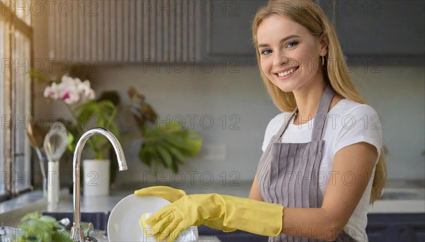 AI generated, woman, woman, 30, 35, blonde, blond, blonde, kitchen, sink, kitchen table, dishes, washing up, washing dishes, plates, cups, glasses, dishcloth, gloves, cleaning, water, polishing cloth, polishing, clean, cleanliness, housewife, mother, family