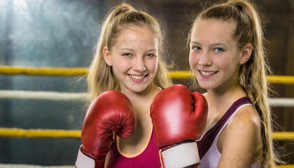 AI generated, girl, 15, years, Thai, Thai, sport, boxing, gloves, Thai boxing, Muay Thai, two people, portrait, athletic, fight, fighting, popular sport, Thai boxer, boxing, boxing ring, blond, blonde, blonde, European