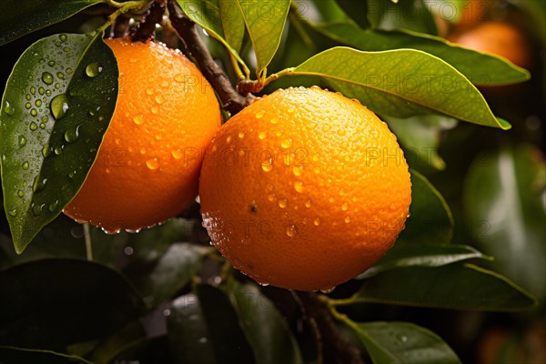 Orange fruits with rain water drops growing on tree. KI generiert, generiert AI generated