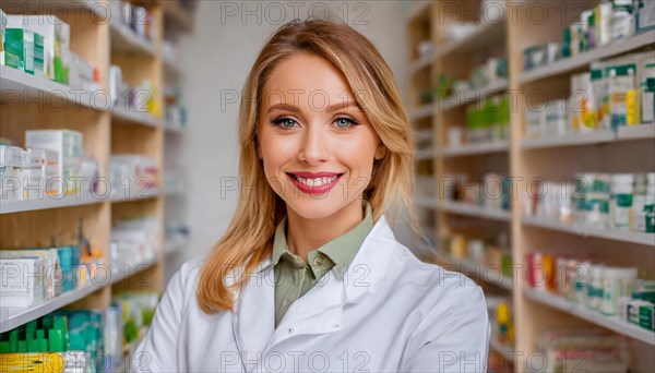 AI generated, A young pharmacist in her pharmacy, portrait, 30, 35, years, female, blonde, blond, blonde, beautiful teeth, smiles, long hair, profession, professions, medicines in the background