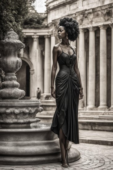 Graceful black fit elegant wealthy woman in elegant attire striking a dynamic pose in an old-world setting, AI generated