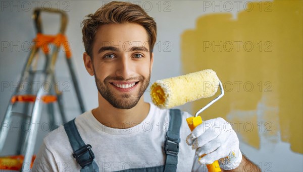 AI generated, man, men, a painter paints a wall with new yellow paint, father, renovation of old flat, paint roller, ladder, yellow, paint, 25, 30, years, a, person, occupation, occupations, leisure activity, family, smiles, smiling, fun at work, laughing, laughing, laughing, friend, partner, man